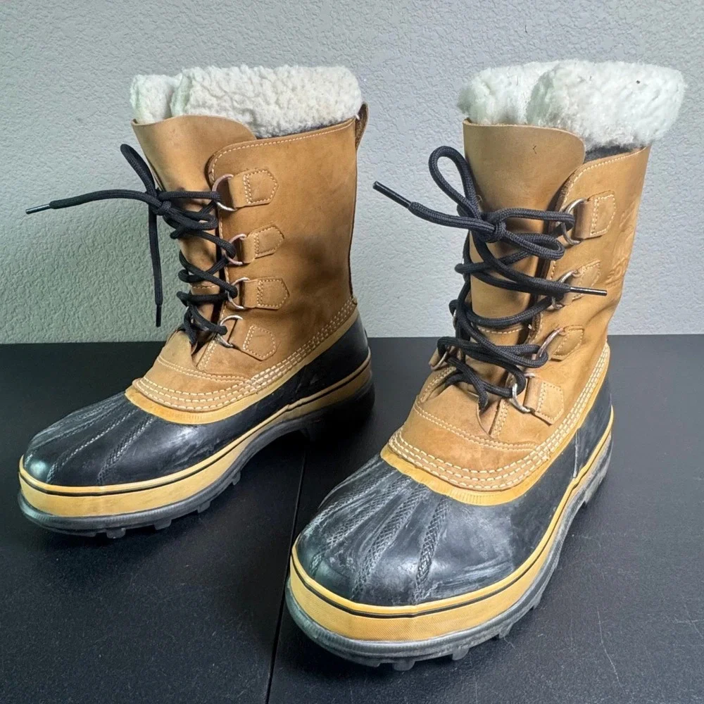 Sorel Caribou Mens Waterproof Winter Snow Pac Boots Buff Black Leather Rubber 10